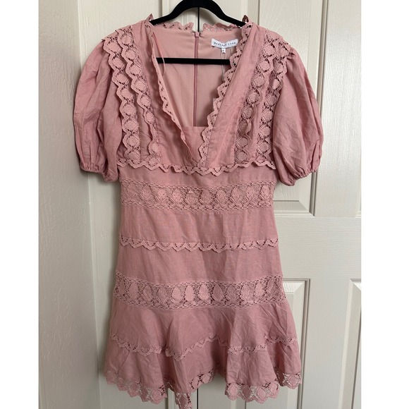 NWT Endless Rose Plunging Lace Trim Puff Sleeve Dress Dusty Pink Size L - Picture 2 of 11